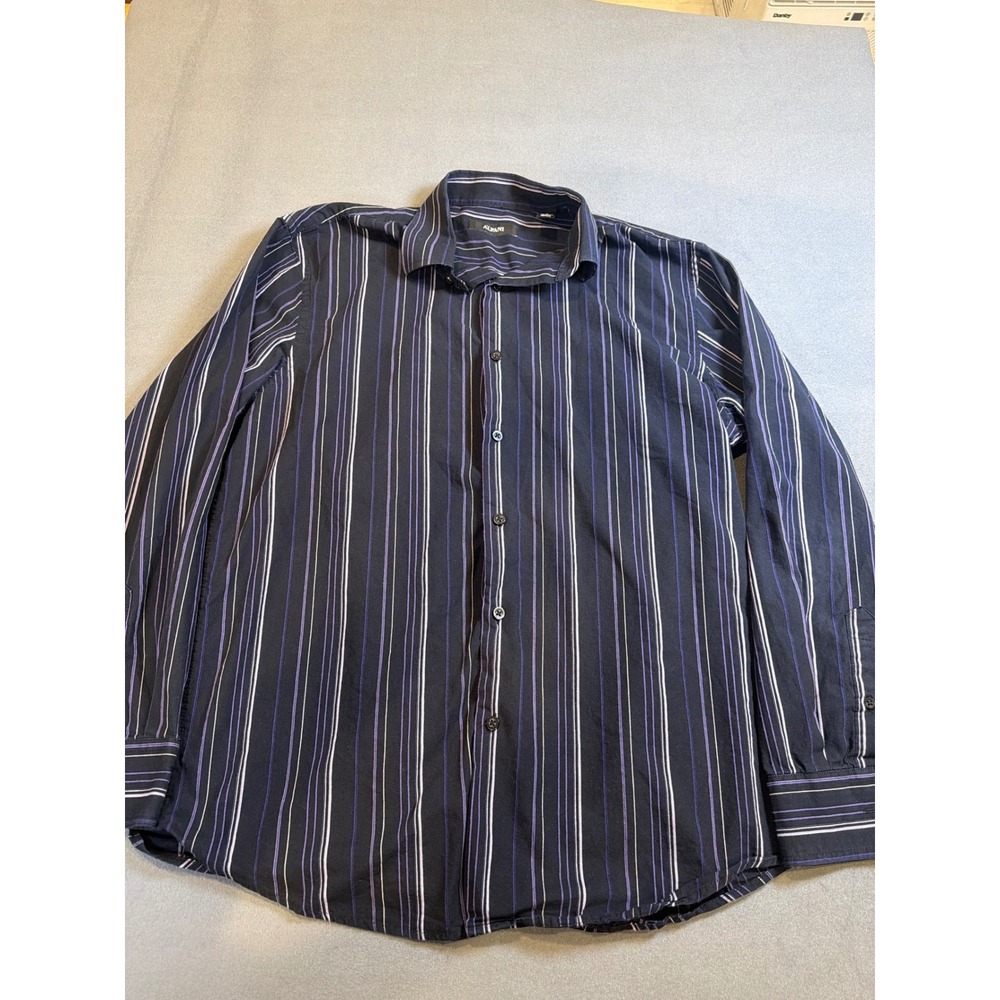 Alfani Mens Button Down Shirt Medium Black Purple Striped Long Sleeve Cotton
